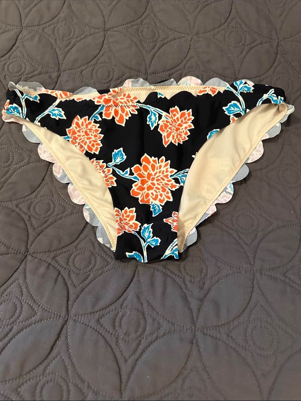 Floral Scalloped Bikini Bottoms - Black with Orange & Blue Flowers